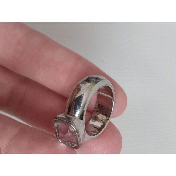 Silver Toned Rectangular Rhinestone Chunky Wide Band Heavyweight Fashion Ring - Picture 5 of 7